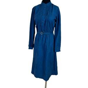 Vintage 70s 80s Blue Suedecloth Dress Pintuck Secretary Librarian Belted M